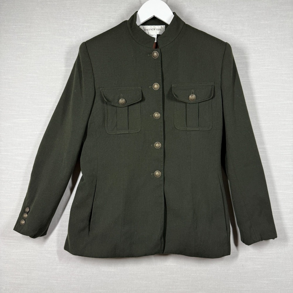 Vintage Jones New York Jacket Womens‎ 10 Green Worsted Wool Military USA Blazer